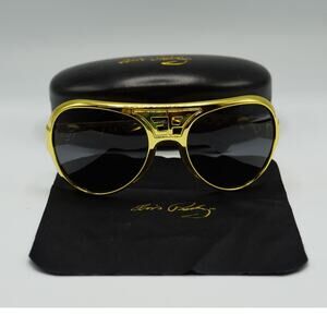 Elvis Presley Gold Sunglasses Metal Arms Plastic Frames EP & TCB Dark Lens